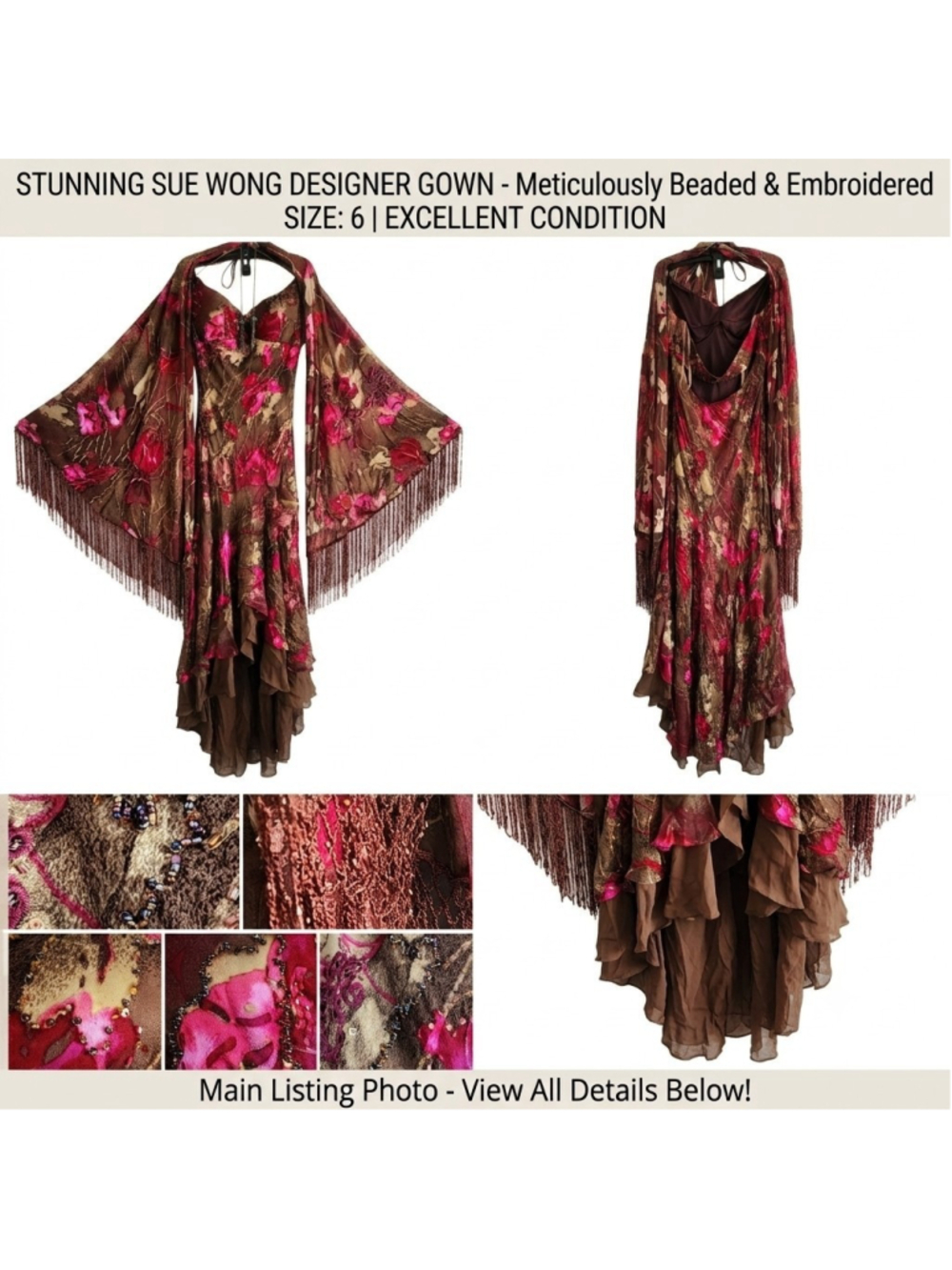 Vintage Sue Wong Nocturne Silk Dress Set 6 Beaded Asymmetric High Low Whimsigoth
